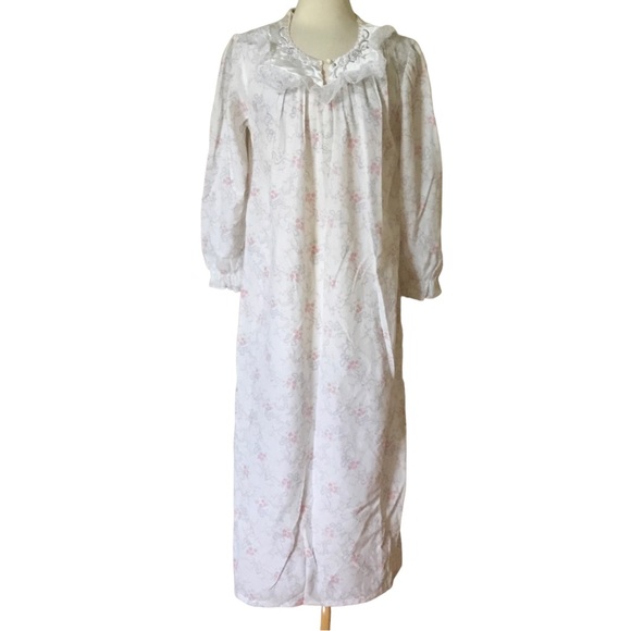 Vintage Other - Vintage Stardust Long Sleeve Floral Cotton Nightgown Lace Satin Embroidered Trim